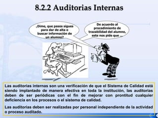 De acuerdo al
procedimiento de
trazabilidad del alumno,
este nos pide que ...
¿Dime, que pasos sigues
para dar de alta o
buscar información de
un alumno?
Las auditorias internas son una verificación de que el Sistema de Calidad está
siendo implantado de manera efectiva en toda la institución, las auditorias
deben de ser periódicas con el fin de mejorar con prontitud cualquier
deficiencia en los procesos o el sistema de calidad.
Las auditorias deben ser realizadas por personal independiente de la actividad
o proceso auditado.
 