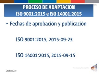 PROCESO DE ADAPTACION
ISO 9001:2015 e ISO 14001:2015
• Fechas de aprobación y publicación
ISO 9001:2015, 2015-09-23
ISO 14...