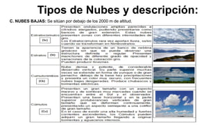 Tipos de Nubes y descripción:
C. NUBES BAJAS: Se sitúan por debajo de los 2000 m de altitud.
 