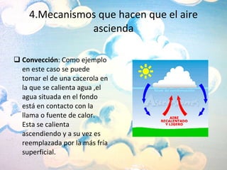 4.Mecanismos que hacen que el aire ascienda Convección : Como ejemplo en este caso se puede tomar el de una cacerola en la que se calienta agua ,el agua situada en el fondo está en contacto con la llama o fuente de calor. Esta se calienta ascendiendo y a su vez es reemplazada por la más fría superficial. 