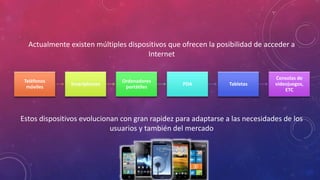 Actualmente existen múltiples dispositivos que ofrecen la posibilidad de acceder a 
Internet 
Estos dispositivos evolucionan con gran rapidez para adaptarse a las necesidades de los 
usuarios y también del mercado 
Teléfonos 
móviles 
Smartphones 
Ordenadores 
portátiles 
PDA Tabletas 
Consolas de 
videojuegos, 
ETC 
 