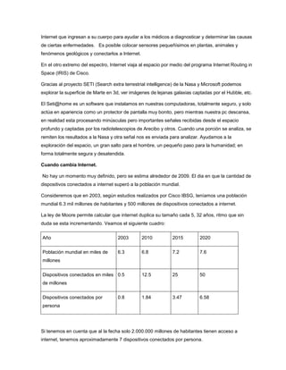 Internet que ingresan a su cuerpo para ayudar a los médicos a diagnosticar y determinar las causas
de ciertas enfermedades. Es posible colocar sensores pequeñísimos en plantas, animales y
fenómenos geológicos y conectarlos a Internet.
En el otro extremo del espectro, Internet viaja al espacio por medio del programa Internet Routing in
Space (IRIS) de Cisco.
Gracias al proyecto SETI (Search extra terrestrial intelligence) de la Nasa y Microsoft podemos
explorar la superficie de Marte en 3d, ver imágenes de lejanas galaxias captadas por el Hubble, etc.
El Seti@home es un software que instalamos en nuestras computadoras, totalmente seguro, y solo
actúa en apariencia como un protector de pantalla muy bonito, pero mientras nuestra pc descansa,
en realidad esta procesando minúsculas pero importantes señales recibidas desde el espacio
profundo y captadas por los radiotelescopios de Arecibo y otros. Cuando una porción se analiza, se
remiten los resultados a la Nasa y otra señal nos es enviada para analizar. Ayudamos a la
exploración del espacio, un gran salto para el hombre, un pequeño paso para la humanidad; en
forma totalmente segura y desatendida.
Cuando cambia Internet.
No hay un momento muy definido, pero se estima alrededor de 2009. El dia en que la cantidad de
dispositivos conectados a internet superó a la población mundial.
Consideremos que en 2003, según estudios realizados por Cisco IBSG, teníamos una población
mundial 6.3 mil millones de habitantes y 500 millones de dispositivos conectados a internet.
La ley de Moore permite calcular que internet duplica su tamaño cada 5, 32 años, ritmo que sin
duda se esta incrementando. Veamos el siguiente cuadro:
Año

2003

2010

2015

2020

Población mundial en miles de

6.3

6.8

7.2

7.6

12.5

25

50

1.84

3.47

6.58

millones
Dispositivos conectados en miles 0.5
de millones
Dispositivos conectados por

0.8

persona

Si tenemos en cuenta que al la fecha solo 2.000.000 millones de habitantes tienen acceso a
internet, tenemos aproximadamente 7 dispositivos conectados por persona.

 