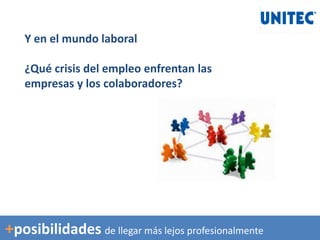 Y en el mundo laboral
¿Qué crisis del empleo enfrentan las
empresas y los colaboradores?
+posibilidades de llegar más lejos profesionalmente
 