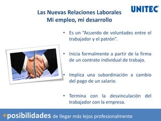 • Es un “Acuerdo de voluntades entre el
trabajador y el patrón”.
• Inicia formalmente a partir de la firma
de un contrato individual de trabajo.
• Implica una subordinación a cambio
del pago de un salario.
• Termina con la desvinculación del
trabajador con la empresa.
Las Nuevas Relaciones Laborales
Mi empleo, mi desarrollo
+posibilidades de llegar más lejos profesionalmente
 