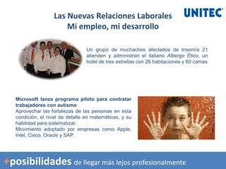 Un grupo de muchachos afectados de trisomía 21
atienden y administran el italiano Albergo Ético, un
hotel de tres estrellas con 26 habitaciones y 60 camas
Microsoft lanza programa piloto para contratar
trabajadores con autismo
Aprovechar las fortalezas de las personas en esta
condición, el nivel de detalle en matemáticas, y su
habilidad para sistematizar.
Movimiento adoptado por empresas como Apple,
Intel, Cisco, Oracle y SAP.
Las Nuevas Relaciones Laborales
Mi empleo, mi desarrollo
+posibilidades de llegar más lejos profesionalmente
 