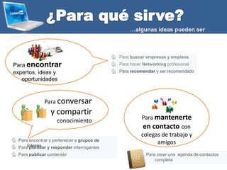 Para mantenerte
en contacto con
colegas de trabajo y
amigos
Para conversar
y compartir
conocimiento
Para recomendar y ser recomendado
Para hacer Networking profesional
Para buscar empresas y empleos
Para publicar contenido
Para plantear y responder interrogantes
Para encontrar y pertenecer a grupos de
interés.
Para encontrar
expertos, ideas y
oportunidades
…algunas ideas pueden ser
Para crear una agenda de contactos
completa
 