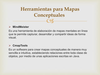 
 MindMeister
Es una herramienta de elaboración de mapas mentales en línea
que te permite capturar, desarrollar y compartir ideas de forma
visual.
 CmapTools
Es un software para crear mapas conceptuales de manera muy
sencilla e intuitiva, estableciendo relaciones entre toda clase de
objetos, por medio de unas aplicaciones escritas en Java.
Herramientas para Mapas
Conceptuales
 