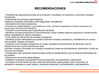 RECOMENDACIONES - Fortalecer las organizaciones hijas de la revolución vinculadas a lo productivo y promover consejos campesinos. - Implementar los principios agroecológicos. Organizar campañas nacionales contra plaguicidas, transgénicos - Acompañar las luchas campesinas. - Promover la unidad popular,  (crear plataformas, redes, asambleas regionales de consejos campesinos que puedan luego articularse nacionalmente) - Transferir conocimientos para la planificación territorial. - Identificar circuitos productivos en funcionamiento y hacer visibles cadenas productivas, transformando valores capitalistas en valores socialistas. - Crear redes de intercambio de semillas campesinas. - Identificar grupos interesados que puedan conformar consejos campesinos y establecerse en nuevas comunidades. (regreso al campo) - Incorporar a los consejos campesinos en el plan emergencia de producción de alimentos, para la entrada de lluvias o para la siembra de norte.  -Articular consejos comunales con consejos campesinos (redes de procesamiento, distribución y ferias de consumo comunales) - Incorporarse a las campañas internacionales contra el neoliberalismo y por la soberanía alimentaria de los pueblos. - Promover la conversión agroecológica. - Establecer empresas de propiedad mixta de producción, procesamiento y distribución. - Incorporar en la formación los ejes: soberanía alimentaria, agroecología, saber campesino, la autogestión campesina, poder popular, socialismo bolivariano, antiimperialismo, anticapitalismo.  