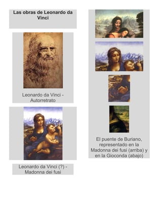 Las obras de Leonardo da
          Vinci




   Leonardo da Vinci -
      Autorretrato




                              El puente de Buriano,
                               representado en la
                            Madonna dei fusi (arriba) y
                             en la Gioconda (abajo)

  Leonardo da Vinci (?) -
    Madonna dei fusi
 