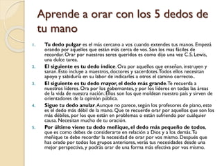 Aprende a orar con los 5 dedos de
tu mano
1.

2.

3.

4.

5.

Tu dedo pulgar es el más cercano a vos cuando extendes tus manos. Empezá
orando por aquellos que están más cerca de vos. Son los mas fáciles de
recordar. Orar por nuestros seres queridos es como dijo una vez C.S. Lewis,
una dulce tarea.
El siguiente es tu dedo índice. Ora por aquellos que enseñan, instruyen y
sanan. Esto incluye a maestros, doctores y sacerdotes. Todos ellos necesitan
apoyo y sabiduría en su labor de indicarles a otros el camino correcto..
El siguiente es tu dedo mayor, el dedo más grande. Te recuerda a
nuestros líderes. Ora por los gobernantes, y por los líderes en todas las áreas
de la vida de nuestra nación. Ellos son los que moldean nuestro país y sirven de
orientadores de la opinión pública.
Sigue tu dedo anular. Aunque no parece, según los profesores de piano, este
es el dedo más débil de la mano. Que te recuerde orar por aquellos que son los
más débiles, por los que están en problemas o están sufriendo por cualquier
causa. Necesitan mucho de tu oración.
Por último viene tu dedo meñique, el dedo más pequeño de todos,
que es como debes de considerarte en relación a Dios y a los demás. Tu
meñique te debe recordar la necesidad de orar por vos mismo. Después que
has orado por todos los grupos anteriores, verás tus necesidades desde una
mejor perspectiva, y podrás orar de una forma más efectiva por vos mismo.

 