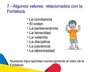 7.- Algunos valores relacionados con la
Fortaleza.
             • La constancia
             • El orden
             • La perseverancia
             • La tenacidad
             • La valentía
             • La disciplina
             • La paciencia
             • La laboriosidad

 Nuestros hijos ejercitan continuamente el valor de la
 Fortaleza.
 