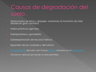  Desbrozados de tierra y despejes, sobretodo al momento de talar
árboles en gran cantidad.
 Malas prácticas agrícolas.
 Sobrepastoreo y ganadería.
 Sobreexplotación de recursos hídricos.
 Expansión de las ciudades y del turismo.
 Contaminación del suelo, esto incluye residuos lanzados por el ser humano.
 Circular en vehículo por donde no está permitido.
 