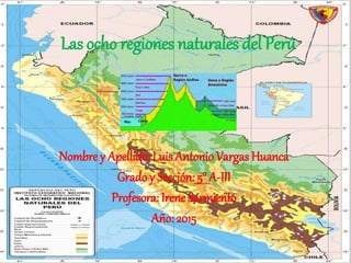 Las ocho regiones naturales del Perú
Nombre y Apellido: Luis Antonio Vargas Huanca
Grado y Sección: 5° A-III
Profesora: Irene Sarmiento
Año: 2015
 
