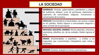 LA SOCIEDAD
COLONIALESPAÑOLES: Virreyes, gobernadores, presidentes y oidores
de Audiencia, obispos, curas de parroquias importantes y
superiores de comunidades religiosas. Funcionarios y
comerciantes de la corona.
CRIOLLOS: Encomenderos y hacendados, con acceso a cargos
en los cabildos. Podían ingresar a comunidades religiosas y
estar al frente de las parroquias.
MESTIZOS, MULATOS, ZAMBOS: Peones agrícolas, artesanos,
carpinteros, albañiles, etc. de las ciudades. Podían ingresar al
clero.
INDIOS: Encomendados a españoles y criollos o en
resguardos que suministraban trabajadores para minas y
haciendas.
NEGROS: Esclavos, trabajan en minas y plantaciones.
 