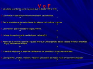V o FV o F11.. La colonia se entiende como el periodo que va desde 1700 a 1810.La colonia se entiende como el periodo que va desde 1700 a 1810.
VV FF
22. Los criollos se destacaron como encomenderos y hacendados. Los criollos se destacaron como encomenderos y hacendados..
VV FF
3.3. Con la formación de las haciendas se dio origen a los inquilinos y peones.Con la formación de las haciendas se dio origen a los inquilinos y peones.
VV FF
44. Los mestizos podían acceder a cargos públicos.. Los mestizos podían acceder a cargos públicos.
VV FF
5.5. La base de nuestro pueblo es el indígena y el español.La base de nuestro pueblo es el indígena y el español.
VV FF
6.6. Acerca de la economía colonial se puede decir que Chile exportaba azúcar y cacao de Perú e importabaAcerca de la economía colonial se puede decir que Chile exportaba azúcar y cacao de Perú e importaba
trigo y sebo del mismo lugar.trigo y sebo del mismo lugar.
•
VV FF
77. Los estratos bajos de la población habitaban en los suburbios o cinturones marginales.. Los estratos bajos de la población habitaban en los suburbios o cinturones marginales.
VV FF
88. Los españoles , criollos,. Los españoles , criollos, mestizos, indígenas y las castas de mezcla vivían en los mismos lugares?mestizos, indígenas y las castas de mezcla vivían en los mismos lugares?
VV FF
 