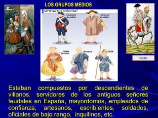 LOS GRUPOS MEDIOSLOS GRUPOS MEDIOS
Estaban compuestos por descendientes deEstaban compuestos por descendientes de
villanos, servidores de los antiguos señoresvillanos, servidores de los antiguos señores
feudales en España, mayordomos, empleados defeudales en España, mayordomos, empleados de
confianza, artesanos, escribientes, soldados,confianza, artesanos, escribientes, soldados,
oficiales de bajo rango, inquilinos, etc.oficiales de bajo rango, inquilinos, etc.
Criollo
 