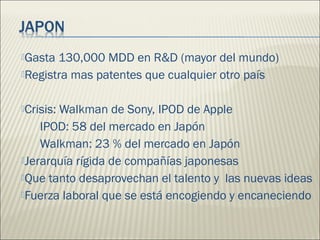 Gasta 130,000 MDD en R&D (mayor del mundo) 
Registra mas patentes que cualquier otro país 
Crisis: Walkman de Sony, IPO...