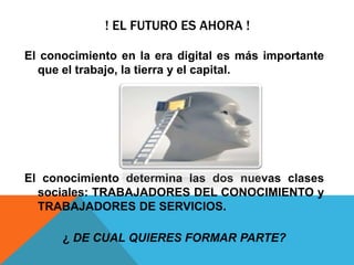 ! EL FUTURO ES AHORA !
El conocimiento en la era digital es más importante
que el trabajo, la tierra y el capital.
El conocimiento determina las dos nuevas clases
sociales: TRABAJADORES DEL CONOCIMIENTO y
TRABAJADORES DE SERVICIOS.
¿ DE CUAL QUIERES FORMAR PARTE?
 