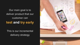 Our main goal is to
deliver product that our
customer can
test and try early
This is our incremental
delivery strategy
 