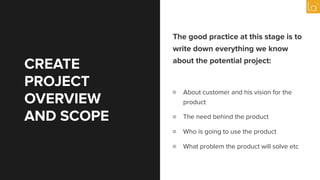 CREATE
PROJECT
OVERVIEW
AND SCOPE
The good practice at this stage is to
write down everything we know
about the potential project:
About customer and his vision for the
product
The need behind the product
Who is going to use the product
What problem the product will solve etc
 