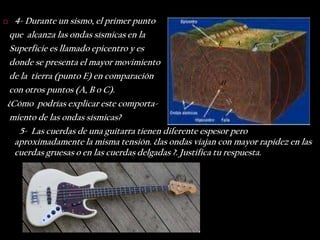  4- Durante un sismo, el primer punto
 que alcanza las ondas sísmicas en la
                                                          E    A   B   C
 Superficie es llamado epicentro y es
 donde se presenta el mayor movimiento
 de la tierra (punto E) en comparación
                                                           H
 con otros puntos (A, B o C).
¿Cómo podrías explicar este comporta-
 miento de las ondas sísmicas?
   5- Las cuerdas de una guitarra tienen diferente espesor pero
  aproximadamente la misma tensión. ¿las ondas viajan con mayor rapidez en las
  cuerdas gruesas o en las cuerdas delgadas ?. Justifica tu respuesta.
 