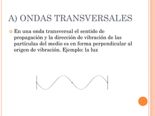 A) ONDAS TRANSVERSALES
 En una onda transversal el sentido de
propagación y la dirección de vibración de las
partículas del medio es en forma perpendicular al
origen de vibración. Ejemplo: la luz
 