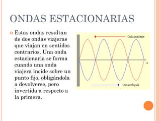 ONDAS ESTACIONARIAS
 Estas ondas resultan
de dos ondas viajeras
que viajan en sentidos
contrarios. Una onda
estacionaria se forma
cuando una onda
viajera incide sobre un
punto fijo, obligándola
a devolverse, pero
invertida a respecto a
la primera.
 