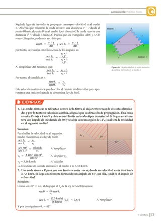 53
© Santillana
Componente: Procesos físicos
MEDIO 1
A
B
B'
A'
v2
t
v1t
�i
�r
MEDIO 2
Figura 6. La velocidad de la onda aumenta
al cambiar del medio 1 al medio 2.
Según la figura 6, las ondas se propagan con mayor velocidad en el medio
1. Observa que mientras la onda recorre una distancia v1
? t desde el
punto B hasta el punto B’ en el medio 1, en el medio 2 la onda recorre una
distancia v2
? t desde A hasta A’. Puesto que los triángulos ABB’ y AA’B’
son rectángulos, podemos escribir que:
sen 1
� �
i
v t
AB
?
'
y sen 2
� �
r
v t
AB
?
'
por tanto, la relación entre los senos de los ángulos es:
sen
sen
1
2
�
�
�
i
r
v t
AB
v t
AB
?
?
'
'
Al simplificar AB’ tenemos que:
sen
sen
1
2
�
�
�
i
r
v t
v t
?
?
Por tanto, al simplificar t:
sen
sen
1
2
�
�
�
i
r
v
v
Esta relación matemática que describe el cambio de dirección que expe-
rimenta una onda refractada se denomina Ley de Snell.
	 EJEMPLOS
1.	 Las	ondas	sísmicas	se	refractan	dentro	de	la	tierra	al	viajar	entre	rocas	de	distintas	densida-
des	y	por	lo	tanto	su	velocidad	cambia,	al	igual	que	su	dirección	de	propagación.	Una	onda	
sísmica	P	viaja	a	8	km/h	y	choca	con	el	límite	entre	dos	tipos	de	material.	Si	llega	a	esta	fron-
tera	con	ángulo	de	incidencia	de	50°	y	se	aleja	con	un	ángulo	de	31°,	¿cuál	será	la	velocidad	
en	el	segundo	medio?
Solución:	
Para hallar la velocidad en el segundo
medio recurrimos a la ley de Snell:
sen
sen
1
2
�
�
�
i
r
v
v
sen 50°
sen 31°
8 km/h
2
5
v
Al remplazar
v2
8 km sen 31°
sen 50°
5 ? Al despejar v2
v2
5 5,38 km/h Al calcular
La velocidad de la onda sísmica en el medio 2 es 5,38 km/h.
2.	 Una	onda	sísmica	P	pasa	por	una	frontera	entre	rocas,	donde	su	velocidad	varía	de	6	km/s	
a	7,5	km/s.	Si	llega	a	la	frontera	formando	un	ángulo	de	45°	con	ella,	¿cuál	es	el	ángulo	de	
refracción?	
Solución:
Como sen 45° 5 0,7, al despejar el ur
de la ley de Snell tenemos:
sen sen
2
1
� � �
r i
v
v
sen 7,5 km/s)
6 km/s)
0,7 0,875
θr 5 5
(
(
( ) Al remplazar
Y por consiguiente ur
5 61°
FIS11-U2(38-59).indd 53 20/10/10 10:46
 