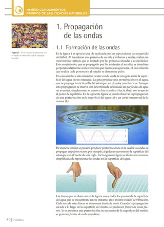 40
MANEJO CONOCIMIENTOS
PROPIOS DE LAS CIENCIAS NATURALES
© Santillana
1. Propagación
de las ondas
1.1 Formación de las ondas
En la figura 1 se aprecia una ola realizada por los espectadores de un partido
de fútbol. Al levantarse una persona de su silla y volverse a sentar, realiza un
movimiento vertical, que es imitado por las personas situadas a su alrededor.
Este movimiento, que es propagado por los asistentes al estadio, se transfiere
perpendicularmente al movimiento que realiza cada persona. El movimiento
que realiza cada persona en el estadio se denomina pulso.
Un caso similar a esta situación ocurre con la caída de una gota sobre la super-
ficie del agua en un estanque. La gota produce una perturbación en el agua,
que se propaga hasta la orilla del estanque, en círculos concéntricos. Aunque
esta propagación se mueve con determinada velocidad, las partículas de agua
no avanzan, simplemente se mueven hacia arriba y hacia abajo con respecto
al punto de equilibrio. En la siguiente figura se puede observar la propagación
de una perturbación en la superficie del agua (a) y un corte transversal de la
misma (b).
Figura 1. En el estadio las personas son
el medio a través del cual se propaga
la onda.
Las líneas que se observan en la figura unen todos los puntos de la superficie
del agua que se encuentran, en ese instante, en el mismo estado de vibración.
Cada una de estas líneas se denomina frente de onda. Cuando la propagación
sucede a lo largo de la superficie del medio, se producen frentes de onda pla-
nos. Si se presenta una perturbación en un punto de la superficie del medio,
se generan frentes de onda circulares.
De manera similar se pueden producir perturbaciones en la cuales las ondas se
propagan en pulsos rectos; por ejemplo, al golpear suavemente la superficie del
estanque con el borde de una regla. En la siguiente figura se ilustra una manera
simplificada de representar las ondas en la superficie del agua.
FIS11-U2(38-59).indd 40 20/10/10 10:46
 