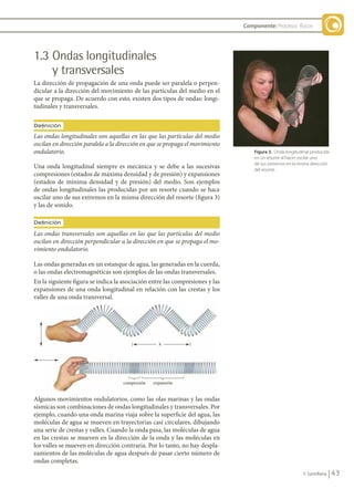 43
© Santillana
Componente: Procesos físicos
Figura 3. Onda longitudinal producida
en un resorte al hacer oscilar uno
de sus extremos en la misma dirección
del resorte.
1.3 Ondas longitudinales
y transversales
La dirección de propagación de una onda puede ser paralela o perpen-
dicular a la dirección del movimiento de las partículas del medio en el
que se propaga. De acuerdo con esto, existen dos tipos de ondas: longi-
tudinales y transversales.
Definición
Las ondas longitudinales son aquellas en las que las partículas del medio
oscilan en dirección paralela a la dirección en que se propaga el movimiento
ondulatorio.
Definición
Las ondas transversales son aquellas en las que las partículas del medio
oscilan en dirección perpendicular a la dirección en que se propaga el mo-
vimiento ondulatorio.
Una onda longitudinal siempre es mecánica y se debe a las sucesivas
compresiones (estados de máxima densidad y de presión) y expansiones
(estados de mínima densidad y de presión) del medio. Son ejemplos
de ondas longitudinales las producidas por un resorte cuando se hace
oscilar uno de sus extremos en la misma dirección del resorte (figura 3)
y las de sonido.
Las ondas generadas en un estanque de agua, las generadas en la cuerda,
o las ondas electromagnéticas son ejemplos de las ondas transversales.
En la siguiente figura se indica la asociación entre las compresiones y las
expansiones de una onda longitudinal en relación con las crestas y los
valles de una onda transversal.
Algunos movimientos ondulatorios, como las olas marinas y las ondas
sísmicas son combinaciones de ondas longitudinales y transversales. Por
ejemplo, cuando una onda marina viaja sobre la superficie del agua, las
moléculas de agua se mueven en trayectorias casi circulares, dibujando
una serie de crestas y valles. Cuando la onda pasa, las moléculas de agua
en las crestas se mueven en la dirección de la onda y las moléculas en
los valles se mueven en dirección contraria. Por lo tanto, no hay despla-
zamientos de las moléculas de agua después de pasar cierto número de
ondas completas.
FIS11-U2(38-59).indd 43 20/10/10 10:46
 