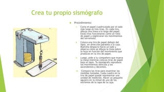 Crea tu propio sismógrafo
 Procedimiento:
7. Corta el papel cuadriculado por el lado
más largo es tres tiras. En cada tira,
dibuja una línea a lo largo del papel.
Estas tiras funcionaran como un rollo
de papel y registraran los movimientos
del terremoto.
8. Coloca una tira de papel debajo del
lápiz, en dirección paralela a la caja.
Muévela despacio hacia un lado y
observa cómo se dibuja la línea sobre
la hoja en función del movimiento que
produces en la tira de papel.
9. Luego, pide a tu compañero que mueva
la mesa mientras colocas tiras de papel
bajo el lápiz. Tu sismógrafo reproduce
los movimientos oblicuos y los
ascendentes y decentes.
10. Compara las tiras para examinar las
medidas tomadas. Cada cuadro en la
tira de papel puede representar una
unidad de medición. Hacer un pequeño
agujero en la mitad de uno de los
extremos de la tapa de la caja.
 