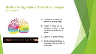 Realiza la siguiente actividad en parejas.
Actividad 1
1. Ubicate a un metro de
distancia de tu pareja.
2. Sostén el slinky por un
extremo, y mover el otro
extremo de arriba hacia
abajo.
3. Observa lo que ocurrido.
4. Realiza anotaciones de lo
observado; luego realicen
un dibujo.
 