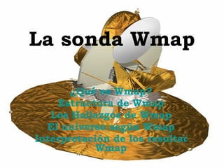 La sonda Wmap ¿Qué es  Wmap ? Estructura de  Wmap Los Hallazgos de  Wmap El universo según  Wmap Interpretación de los resultados de  Wmap 