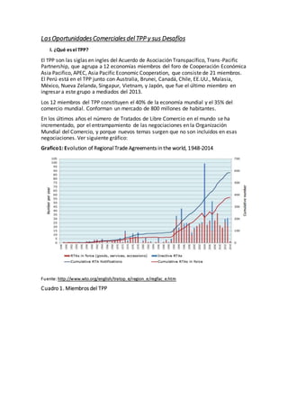 LasOportunidadesComercialesdelTPP y sus Desafíos
I. ¿Qué esel TPP?
El TPP son las siglas en ingles del Acuerdo de Asociación Transpacífico, Trans-Pacific
Partnership, que agrupa a 12 economías miembros del foro de Cooperación Económica
Asia Pacifico, APEC, Asia Pacific Economic Cooperation, que consiste de 21 miembros.
El Perú está en el TPP junto con Australia, Brunei, Canadá, Chile, EE.UU., Malasia,
México, Nueva Zelanda, Singapur, Vietnam, y Japón, que fue el último miembro en
ingresar a este grupo a mediados del 2013.
Los 12 miembros del TPP constituyen el 40% de la economía mundial y el 35% del
comercio mundial. Conforman un mercado de 800 millones de habitantes.
En los últimos años el número de Tratados de Libre Comercio en el mundo se ha
incrementado, por el entrampamiento de las negociaciones en la Organización
Mundial del Comercio, y porque nuevos temas surgen que no son incluidos en esas
negociaciones. Ver siguiente gráfico:
Grafico1: Evolution of Regional Trade Agreements in the world, 1948-2014
Fuente: http://www.wto.org/english/tratop_e/region_e/regfac_e.htm
Cuadro 1. Miembros del TPP
 