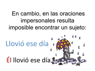 En cambio, en las oraciones impersonales resulta imposible encontrar un sujeto:  Llovió ese día Él  llovió ese día 