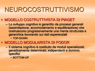 NEUROCOSTRUTTIVISMO
 MODELLO COSTRUTTIVISTA DI PIAGET
– Lo sviluppo cognitivo è garantito da processi generali
(assimilazione, accomodamento e equilibrazione) che
costruiscono progressivamente una mente strutturata e
gerarchica lavorando sui dati esperenziali
 TOP-DOWN
 MODELLO MODULARISTA DI FODOR
– Il sistema cognitivo è costituito da moduli specializzati,
geneticamente determinati, indipendenti e dominio
specifici
 BOTTOM-UP
 