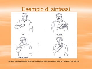 Esempio di sintassi
Questo ordine sintattico (SOV) è uno dei più frequenti nella LINGUA ITALIANA dei SEGNI
 