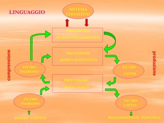 LINGUAGGIO
SISTEMA
COGNITIVO
PROCESSORE
SEMANTICO-LESSICALE
PROCESSORE
MORFO-SINTATTICO
PROCESSORE
FONOLOGICO
FILTRO
USCITA
FILTRO
USCITA
FILTRO
INGRESSO
FILTRO
INGRESSO
ANALISI UDITIVA REALIZZAZIONE FONETICA
comprensione
produzione
 
