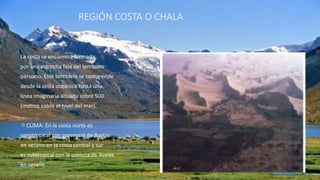 REGIÓN COSTA O CHALA
La costa se encuentra formada
por una estrecha faja del territorio
peruano. Este territorio se comprende
desde la orilla oceánica hasta una
línea imaginaria situada sobre 500
(metros sobre el nivel del mar).
CLIMA: En la costa norte es
semitropical con presencia de lluvias
en verano en la costa central y sur
es subtropical con la usencia de lluvias
en verano.
 
