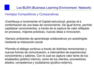 Los BLEN (Business Learning Environment  Network) Ventajas Competitivas y Comparativas • Contribuye a incrementar el Capital estructural, gracias al a conformación de una base de conocimiento. De igual forma, permite capitalizar conocimientos, a través de la captura de valor reflejada en procesos, mejores prácticas, nuevas ideas e innovación. • Genera ambientes de aprendizaje colaborativos y/o autodirigido mediante la interacción social. • Permite el diálogo continuo a través de distintas herramientas y nuevas formas de comunicación, e intercambio de experiencias, conocimiento y saberes. Con lo cual se captura valor tanto de tus empleados (público interno), como de tus clientes, proveedores, aliados, competencia y ciudadanos (publico externo). 