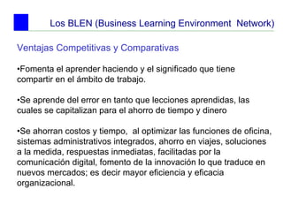 Los BLEN (Business Learning Environment  Network) Ventajas Competitivas y Comparativas • Fomenta el aprender haciendo y el significado que tiene compartir en el ámbito de trabajo. • Se aprende del error en tanto que lecciones aprendidas, las cuales se capitalizan para el ahorro de tiempo y dinero • Se ahorran costos y tiempo,  al optimizar las funciones de oficina, sistemas administrativos integrados, ahorro en viajes, soluciones a la medida, respuestas inmediatas, facilitadas por la comunicación digital, fomento de la innovación lo que traduce en nuevos mercados; es decir mayor eficiencia y eficacia organizacional.  