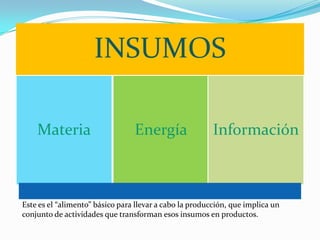 INSUMOS
Materia

Energía

Información

Este es el “alimento” básico para llevar a cabo la producción, que implica un
conjunto de actividades que transforman esos insumos en productos.

 