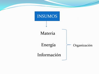 Insumos
INSUMOS

Materia
Energía

Información

Organización

 