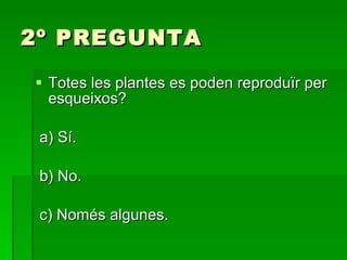 2º PREGUNTA Totes les plantes es poden reproduïr per esqueixos? a) Sí. b) No. c) Només algunes. 
