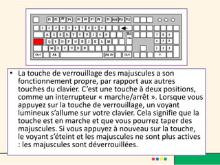 • La touche de verrouillage des majuscules a son
  fonctionnement propre, par rapport aux autres
  touches du clavier. C’est une touche à deux positions,
  comme un interrupteur « marche/arrêt ». Lorsque vous
  appuyez sur la touche de verrouillage, un voyant
  lumineux s’allume sur votre clavier. Cela signifie que la
  touche est en marche et que vous pourrez taper des
  majuscules. Si vous appuyez à nouveau sur la touche,
  le voyant s’éteint et les majuscules ne sont plus actives
  : les majuscules sont déverrouillées.
 