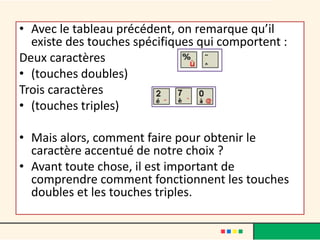 • Avec le tableau précédent, on remarque qu’il
  existe des touches spécifiques qui comportent :
Deux caractères
• (touches doubles)
Trois caractères
• (touches triples)

• Mais alors, comment faire pour obtenir le
  caractère accentué de notre choix ?
• Avant toute chose, il est important de
  comprendre comment fonctionnent les touches
  doubles et les touches triples.
 
