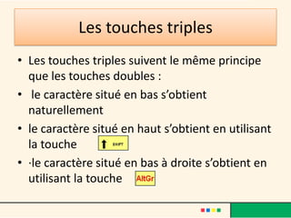 Les touches triples
• Les touches triples suivent le même principe
  que les touches doubles :
• le caractère situé en bas s’obtient
  naturellement
• le caractère situé en haut s’obtient en utilisant
  la touche
• ·le caractère situé en bas à droite s’obtient en
  utilisant la touche
 