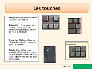 Les touches
•   Echap : Pour revenir en arrière
    - annuler une action

•   Tabulation : Pour passer au
    champ suivant dans un
    formulaire (exemple : passer
    de Nom à Adresse)


•   4 touches fléchées : Pour se
    diriger dans un document ou
    dans un dossier.

•   Entrée :Pour valider une
    action (même fonction que la
    touche Entrée (Retour chariot)
    C'est la touche Entrée du pavé
    numérique.
 