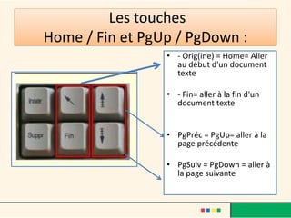 Les touches
Home / Fin et PgUp / PgDown :
                 • - Orig(ine) = Home= Aller
                   au début d'un document
                   texte

                 • - Fin= aller à la fin d'un
                   document texte


                 • PgPréc = PgUp= aller à la
                   page précédente

                 • PgSuiv = PgDown = aller à
                   la page suivante
 