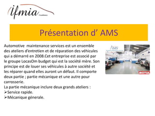 Présentation d’ AMS
Automotive maintenance services est un ensemble
des ateliers d’entretien et de réparation des véhicules
qui a démarré en 2008.Cet entreprise est associé par
le groupe LocasOm budget qui est la société mère. Son
principe est de louer ses véhicules à autre société et
les réparer quand elles auront un défaut. Il comporte
deux partie ; partie mécanique et une autre pour
carrosserie.
La partie mécanique inclure deux grands ateliers :
Service rapide.
Mécanique génerale.
 